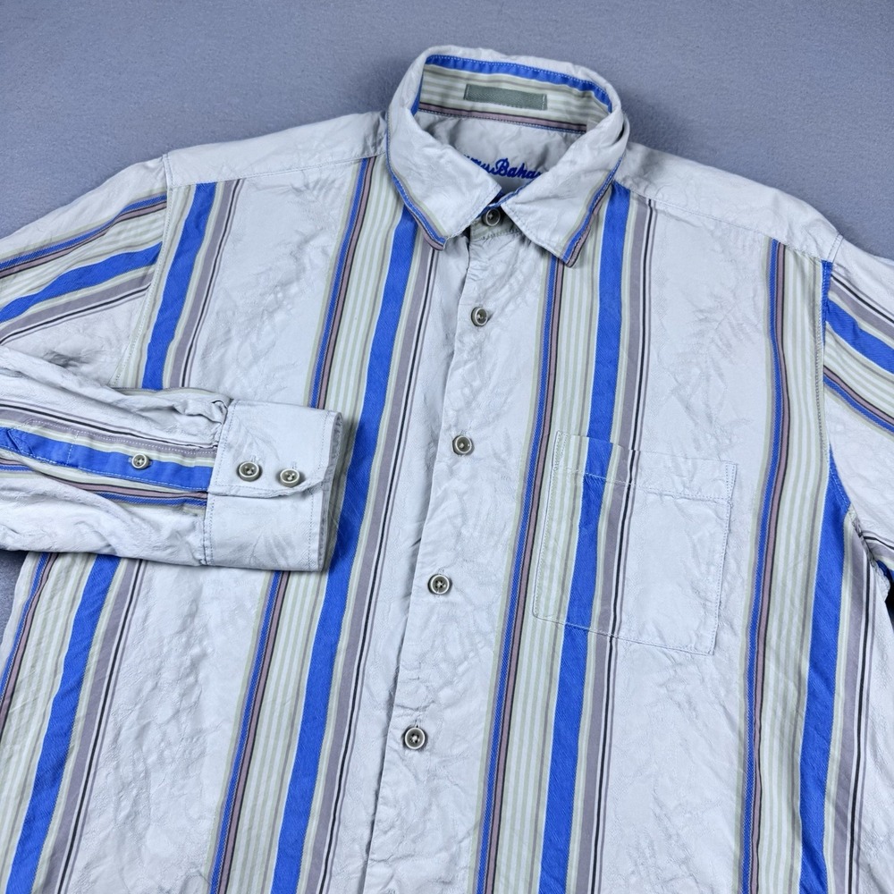 Tommy Bahama 100% Silk Button Shirt Men M Long Sleeve Beach Stripe Floral Travel